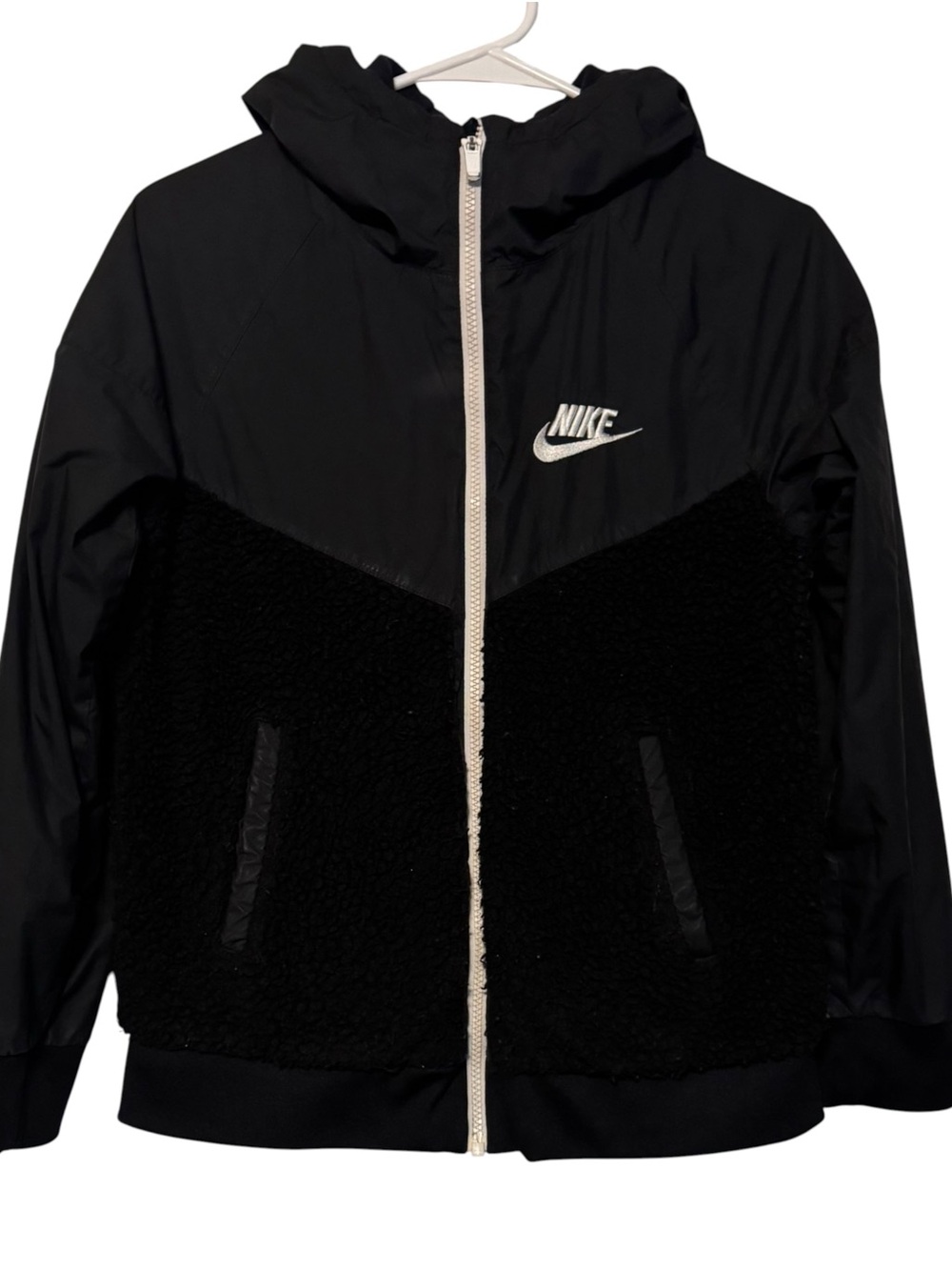 Nike Youth Kids Black Sherpa Fleece Full Zip Hooded Jacket Size L